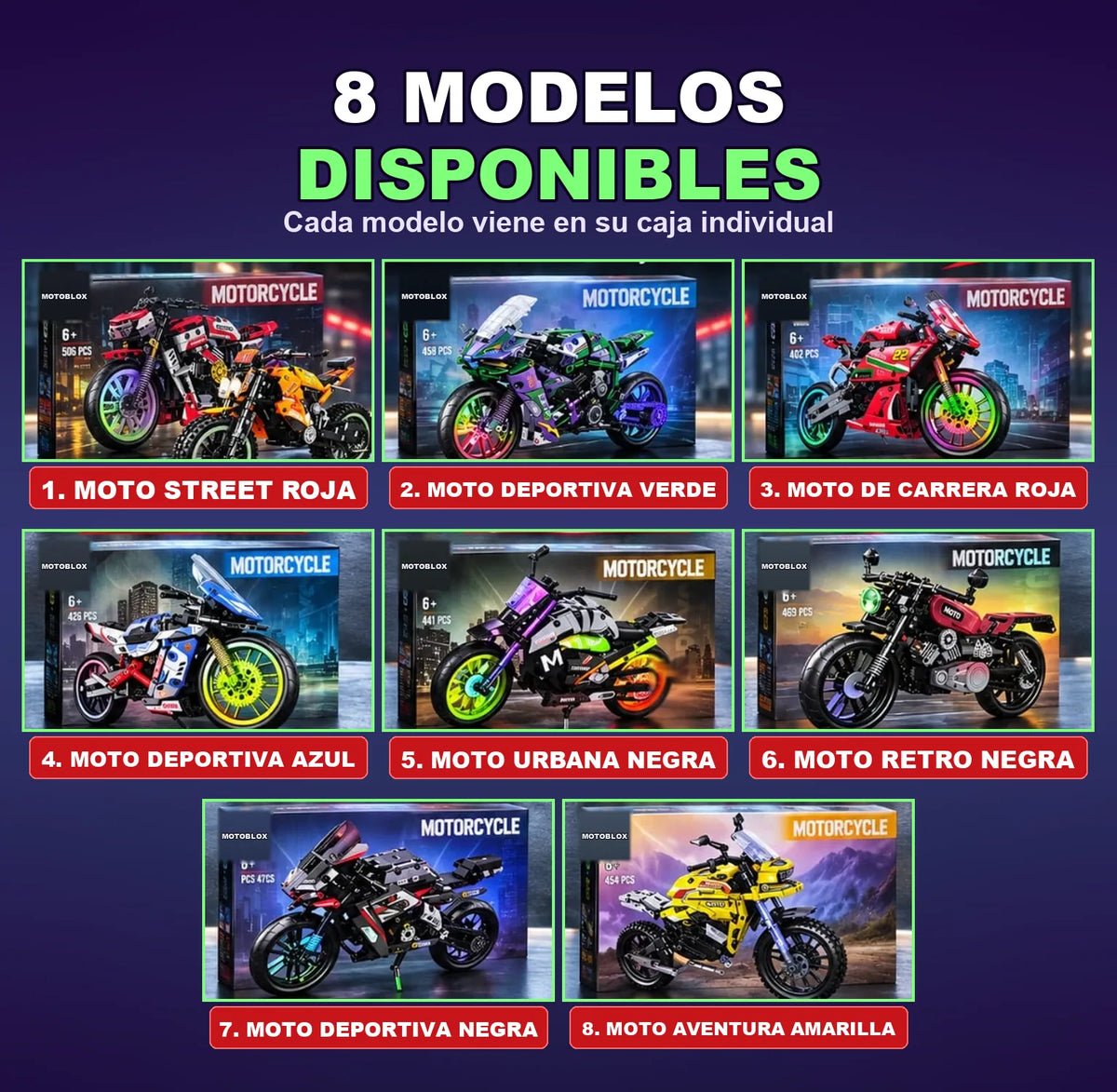 8 modelos de moto armable MOTOBLOX disponibles